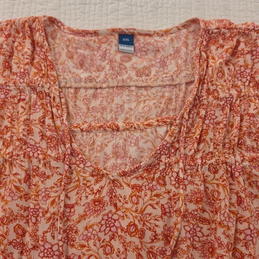 Old‎ Navy Puff Sleeve Tunic Blouse Womens XXL Orange Floral 3/4 Sleeve Bohemian